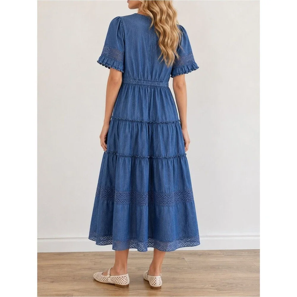 NWT Gap x LoveShackFancy Denim Tiered Midi Dress L Dark Wash Lace Button Front